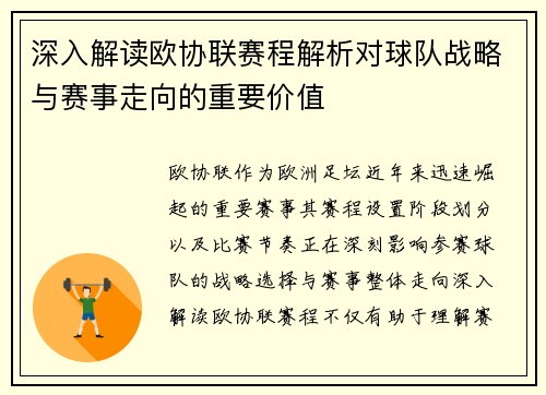 深入解读欧协联赛程解析对球队战略与赛事走向的重要价值